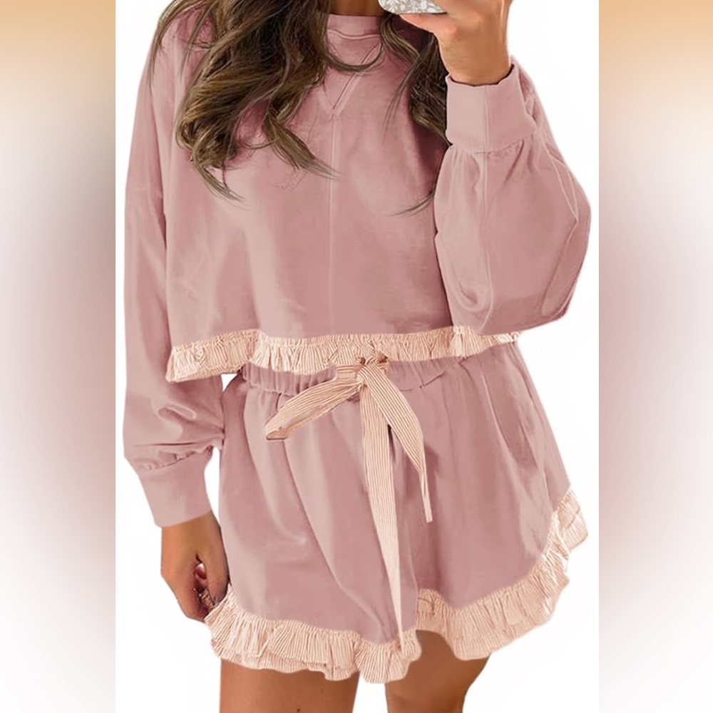 Fisoew Dusty Rose Two-Piece Color Block Ruffled Cropped Sweatshirt Skort Set